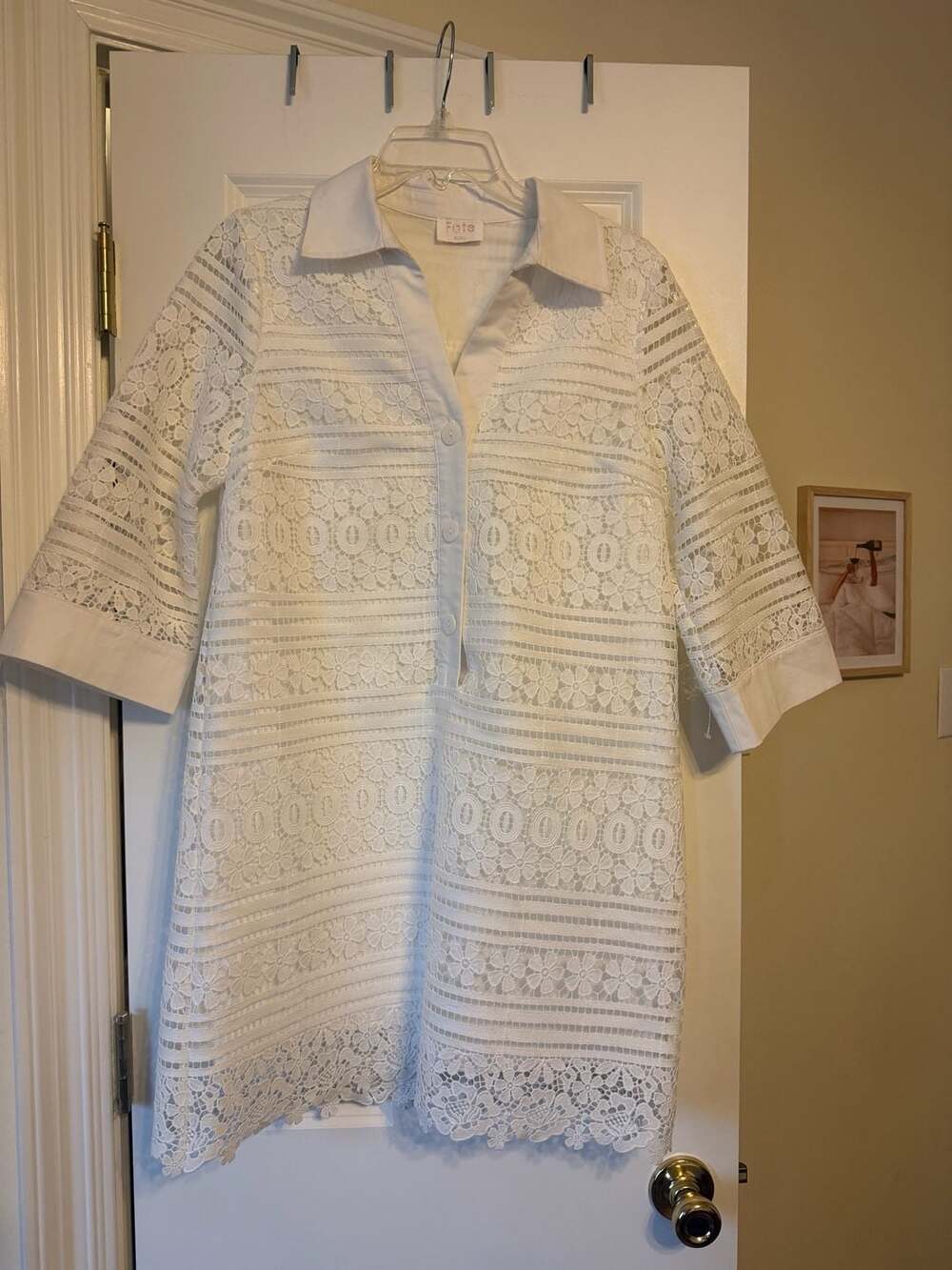 Fate White Lace Collared Shift Dress 3/4 Sleeve Small